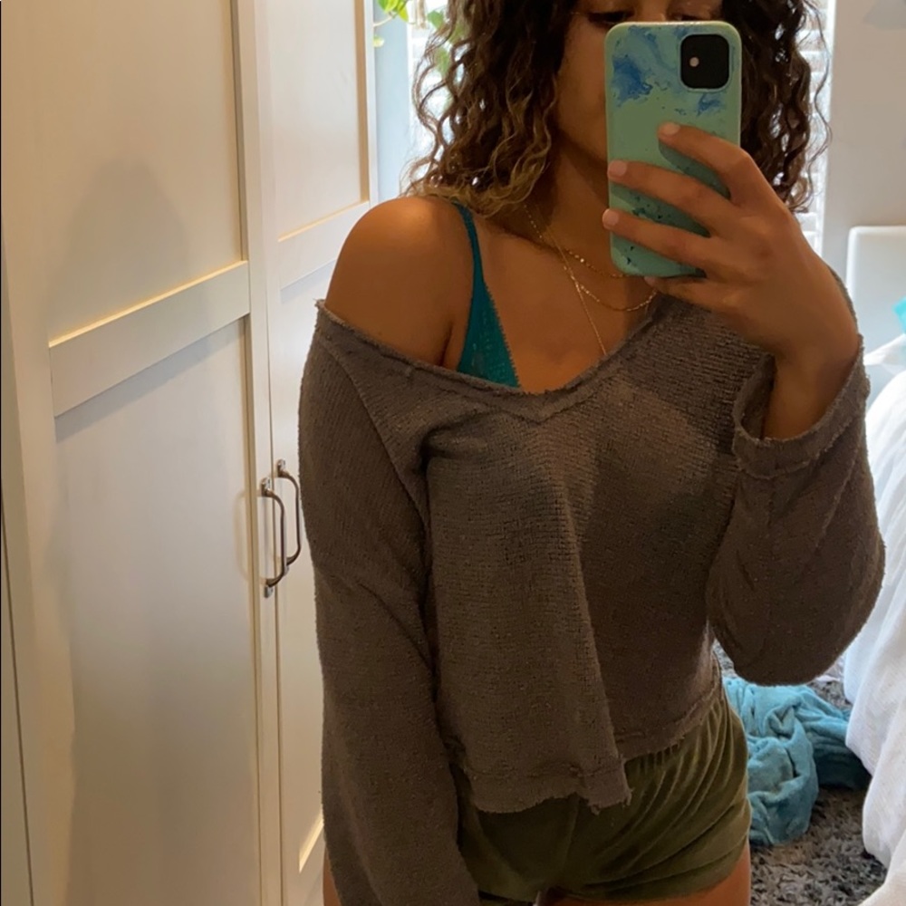 Mesh long sleeve off the shoulder top